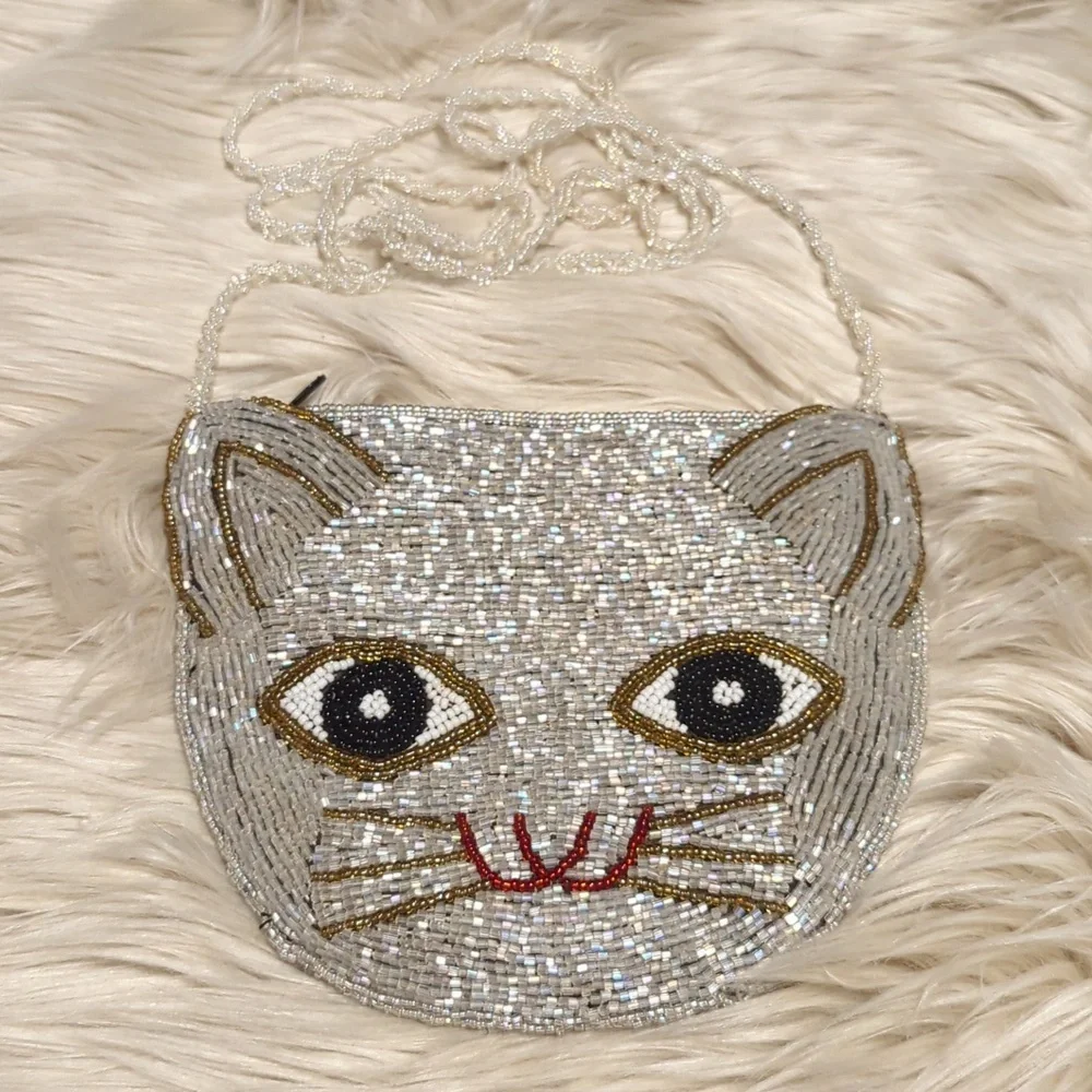Beaded cat face small crossbody purse bag - Picture 5 of 7